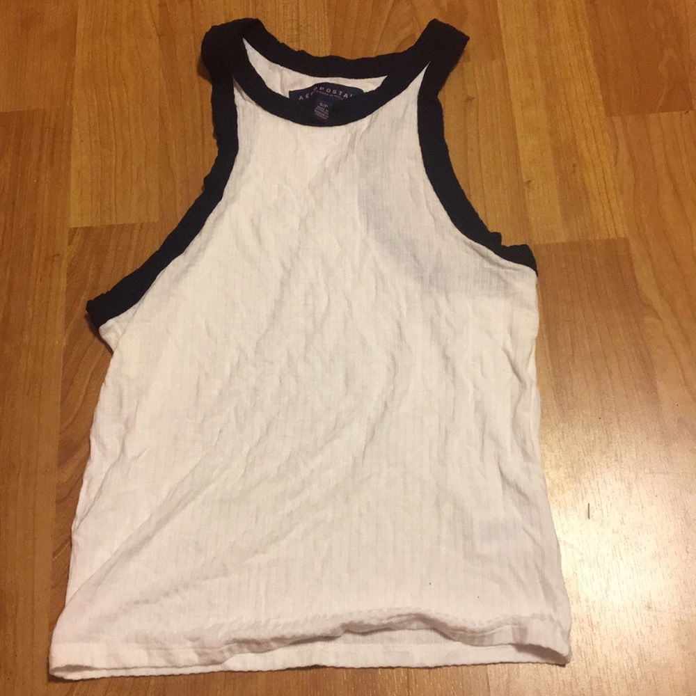 white and navy halter top
